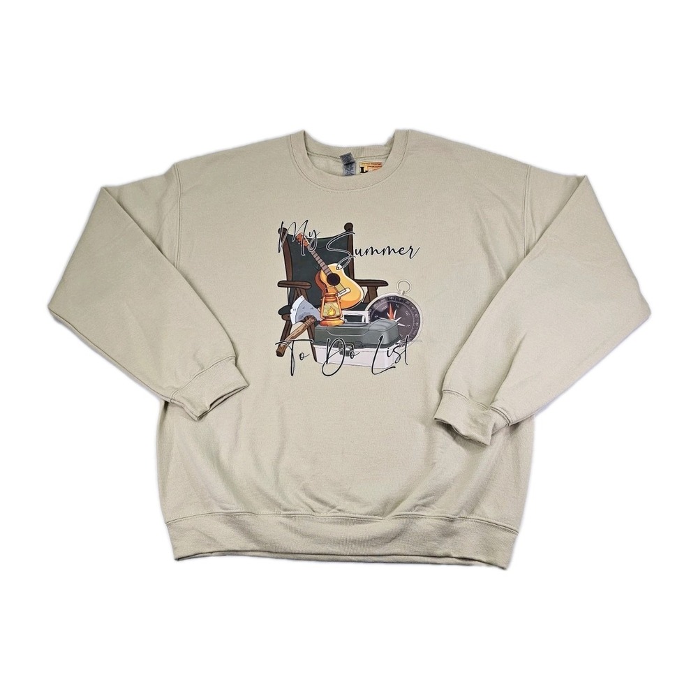 Summer‎ To Do List Unisex L Heavy Blend Tan Sweatshirt Pullover Camping Music